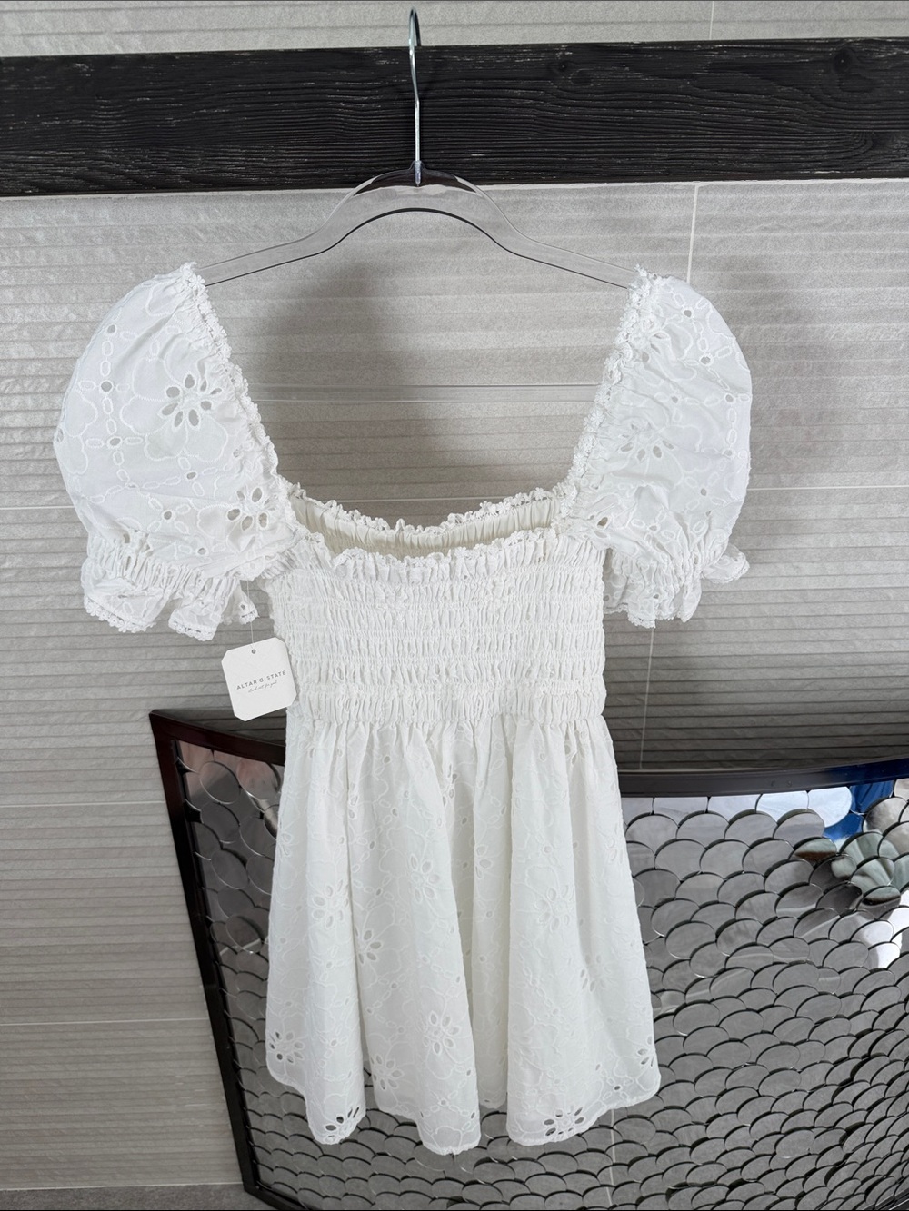 Altar'd State White Eyelet Smocked Puff-Sleeve Mini Dress
